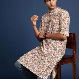 Taavi Printed Band Collar Roll-Up Sleeves Pure Cotton Kalamkari Kurta with Trousers-image-24