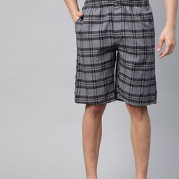 U S Polo Assn Men Grey & Black Pure Cotton Checked Lounge Shorts-42