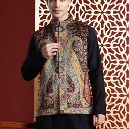 MANQ Solid Kurta & Trousers With Paisley Printed Velvet Nehru Jacket-picture-13