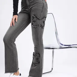 glitchez Women Skinny Flared Fit High-Rise Light Fade Applique Frayed Jeans-image-43