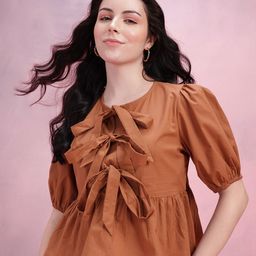 DressBerry Tie-Up Neck Puff Sleeve Cotton Top-image-59