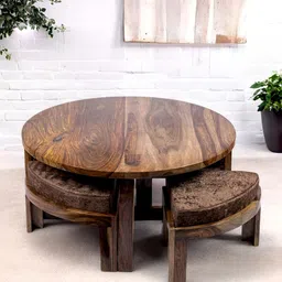 Ikiriya Coffee Brown Wooden Teak Finish Round Coffee Table With Stool and Cushions-image-81