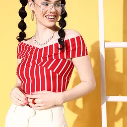 Veni Vidi Vici Red & White Striped Off-Shoulder Bardot Crop Top-image-53
