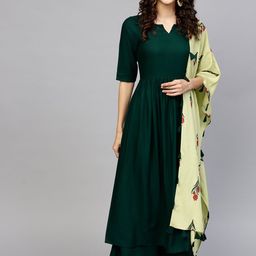 Libas Hunter Green Flowy Kurta Set with Floral Motif Stole-image-5