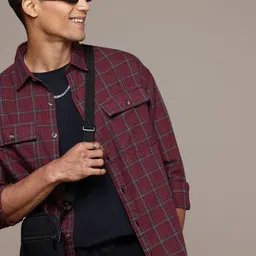 WROGN Pure Cotton Checked Drop-Shoulder Sleeves Oversized Casual Shirt-image-86