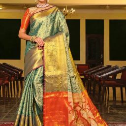 JUST FASHION Teal Green Silk Woven Saree With Unstitched Blouse-picture-25