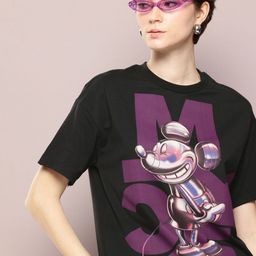 Kook N Keech Disney Women Mickey Mouse Printed Drop-Shoulder Sleeves Oversized T-shirt-image-93