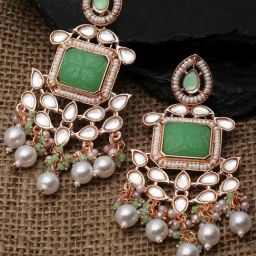 Karatcart Rose Gold-Plated Lime Green Carved Stone Kundan Dangler Earrings for Women-10
