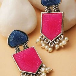Karatcart Silver Tone Blue & Ruby Pink Carved Stone Studded Dangler Earrings for Women-16