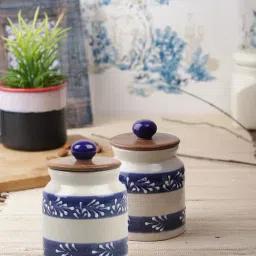 VarEesha Blue Ceramic Jar with Wooden Lid - Set of 2-48