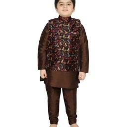 SG Yuvraj Kids Brown & Black Printed Full Sleeves Kurta Set-14