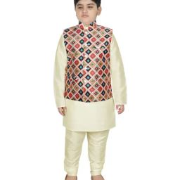 SG Yuvraj Kids Beige & Cream Printed Full Sleeves Kurta Set-image-1