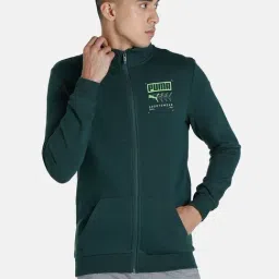 Puma Green Cotton Slim Fit Printed Jacket-image-100