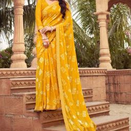 Satrani Yellow Printed Saree With Unstitched Blouse-image-69