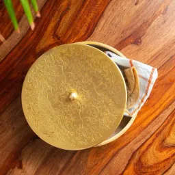 ExclusiveLane 'Floral-Etched' Light Brown & Golden Mango Wood Chapati Box - Set of 1-2