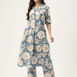 AMUKTI Floral Printed Pure Cotton Kurta With Trousers-picture-0