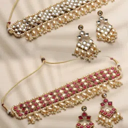 Panash Gold Plated & Maroon Kundan Studded Reversible Jewellery Set image 1
