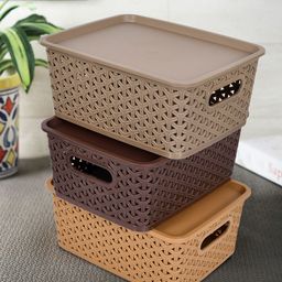 Kuber Industries Set Of 3 Brown & Beige Textured  Big  Size Multipurpose Organisers-42