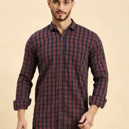 HJ HASASI Navy Slim Fit Check Cotton Shirt-image-65