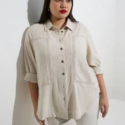 Gia by Westside Beige Crochet-Detailed High-Low Cotton Shirt-image-22