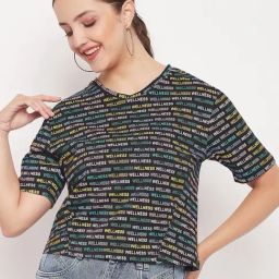 MADAME Black Graphic Print Crop T-Shirt-image-93