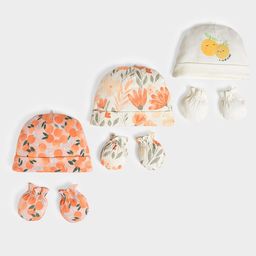 MiArcus Kids Set Of 3 Printed Cotton Beanie Cap & Mitten Set-5