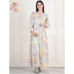 Moms Maternity Womens Printed Chiffon Lurax Yellow Maternity Maxi Dress-picture-23