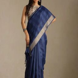 Soch Navy Blue Tussar Solid Saree With Stitched Blouse-picture-20