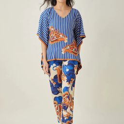 The Kaftan Company Blue Printed Kaftan Top With Pyjamas image 1