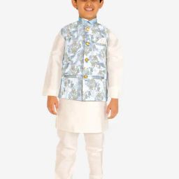 Pro-Ethic Style Developer Kids Sky Blue & White Floral Full Sleeves Kurta, Waistcoat with Pyjamas-23