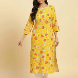 W Yellow Cotton Floral Print Straight Kurta-image-88