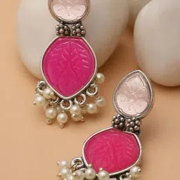 Karatcart Silver Tone Drop Shape Pink Carved Stone Studded Dangler Earrings for Women-image-77