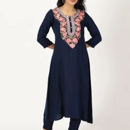 Saffron Threads Navy Rayon Floral Print A Line Kurta-image-58