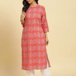W Red Cotton Printed Straight Kurta-image-89