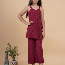 TUNIYA Girls Embroidered Shoulder Straps Sequinned Work Kurta With Trousers-image-86