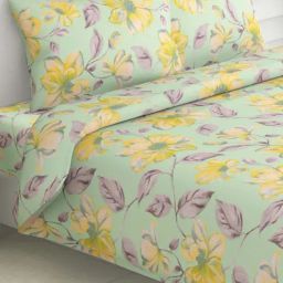 Haus & Kinder Green & Yellow Cotton 186 TC Petal Printed King Bedsheet with 2 Pillow Covers-image-23