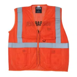 Safeu 140 GSM Thickness 100% Polyester Net Orange Officer Reflective Jacket Free Size (Pack of 50)-10