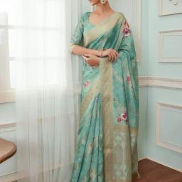 Soch Turquoise Floral Print Saree With Unstitched Blouse-image-45