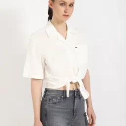 TOMMY HILFIGER Ecru Solid Cropped Fit Cotton Shirt-image-7