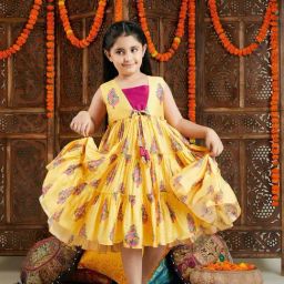 VASTRAMAY Girls Yellow & Pink Floral Dresses-picture-6