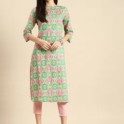 Anouk Women Pink And Green Ethnic Motifs Printed Pure Cotton Kurta with Cropped Trousers-picture-7