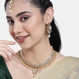 Peora Kundan Studded White Choker Necklace with Earring Maangtikka Jewellery Set-image-62