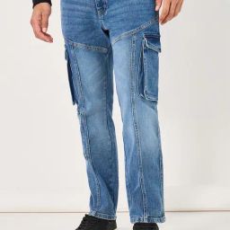 Styli Blue Cotton Bootcut Cargo Jeans-image-40