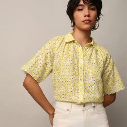 Only Yellow & White Cotton Self Design Shirt-picture-13