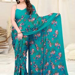MIRCHI FASHION Turquoise Floral Print Saree With Unstitched Blouse-picture-15