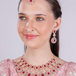 VATSALYA creation Alloy Gold- plated Ruby Red White Jewellery Set image 3