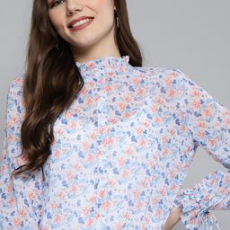 Mast & Harbour White & Blue Floral Printed Puff Sleeves Shirt Style Top-image-44