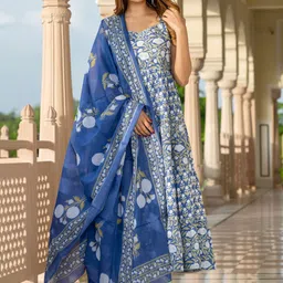 KALINI Floral Printed Gotta Patti Pure Cotton Anarkali Kurta With Trousers & Dupatta-picture-39