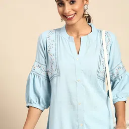 Sangria Blue Embroidered Detail A-Line Top-image-65