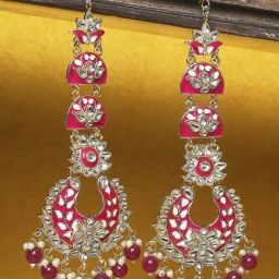 OOMPH Jewellery Pink & Kundan Floral Chand Bali-13